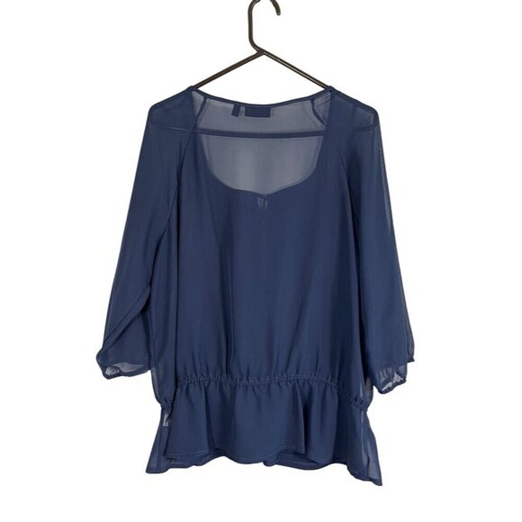 Retro Coastal Top L Blue Sheer Crochet Boho Embroidery Peplum Neutral Preppy 80s - Picture 10 of 14